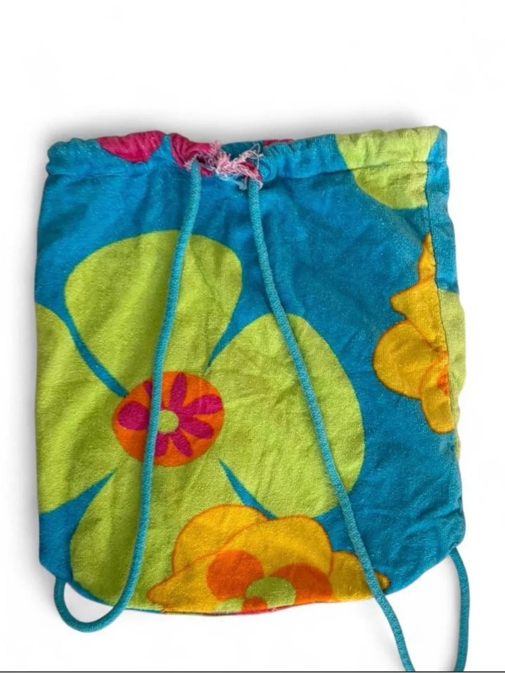 Rare Y2K Barbie Turquoise Floral Drawstring Bag with Lime and Yellow Accents